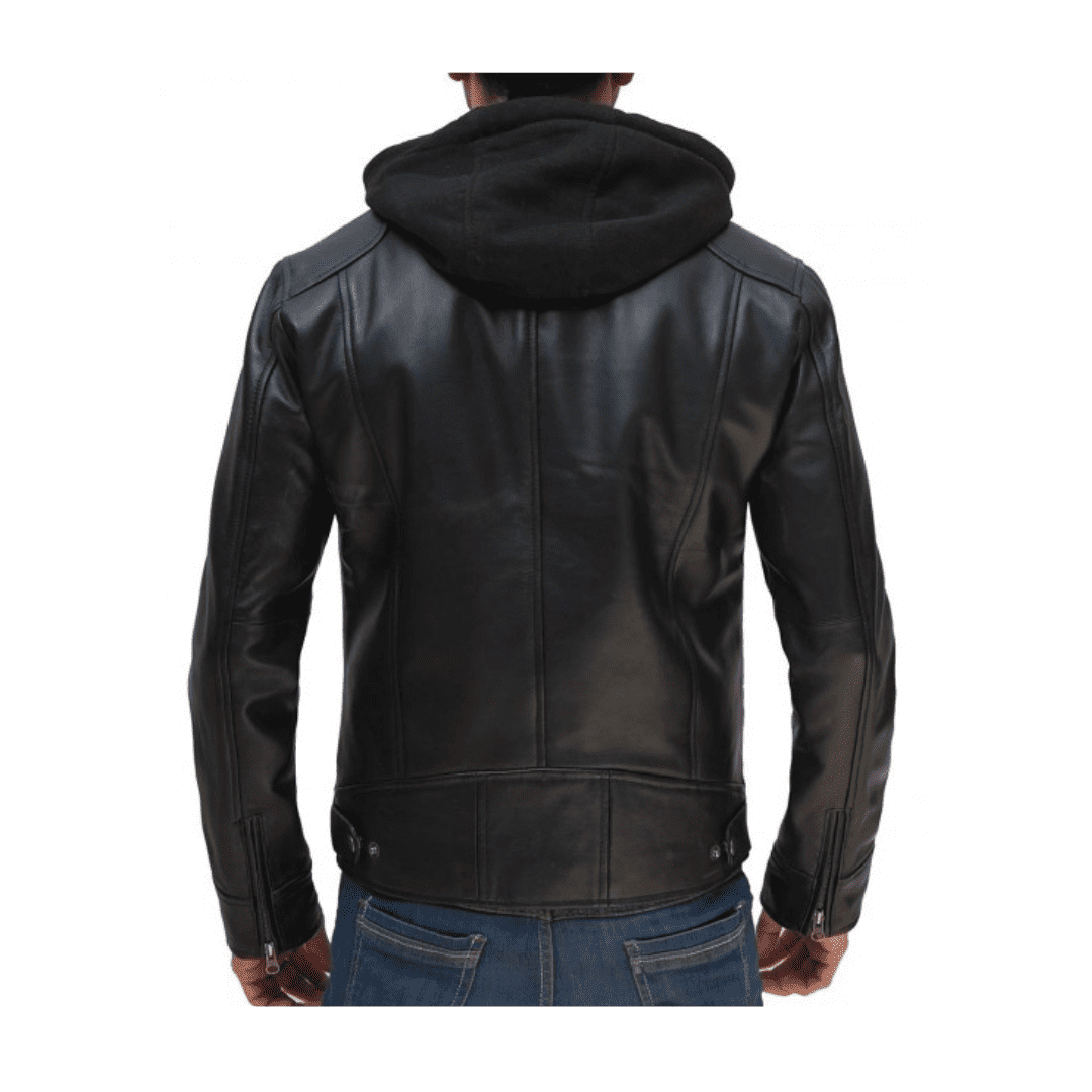 Elite Mens Black Leather Jacket With Hood - H&B Canada