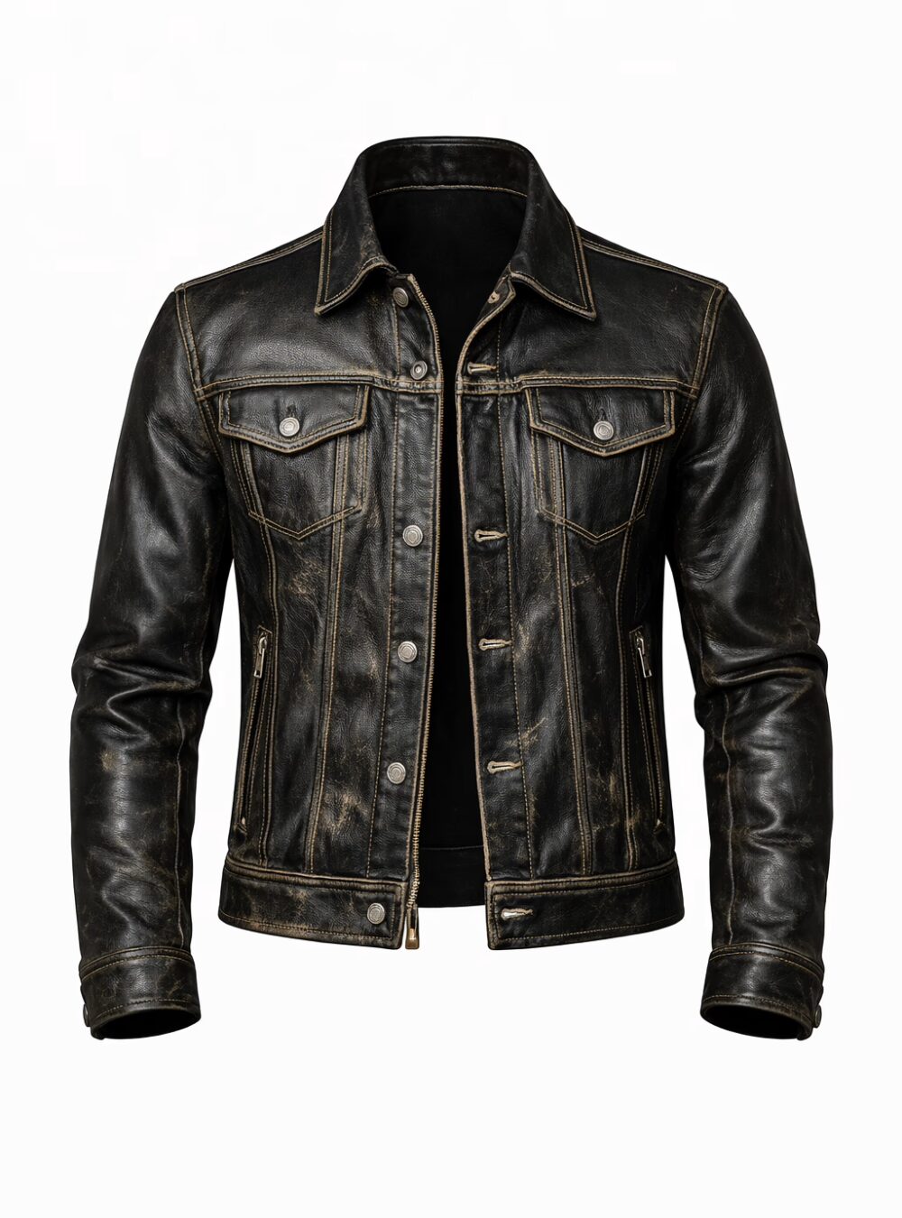 Frontier Black Leather Trucker Jacket_Front Ghost Mannequin_result