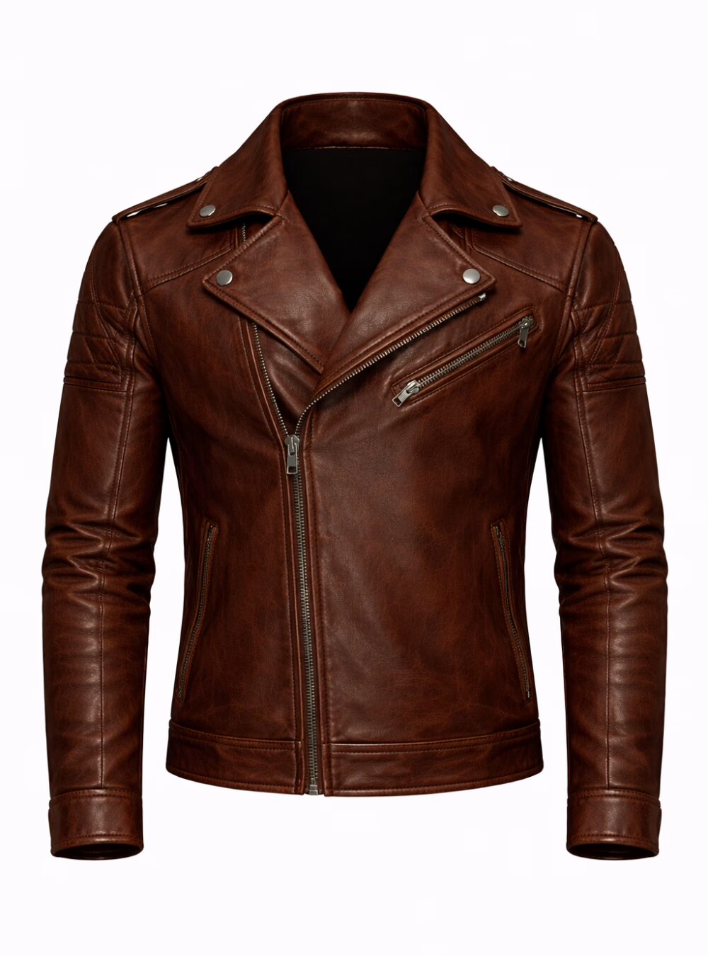 Maverick Rust Brown Distressed Leather Biker Jacket_Front Ghost Mannequin_result